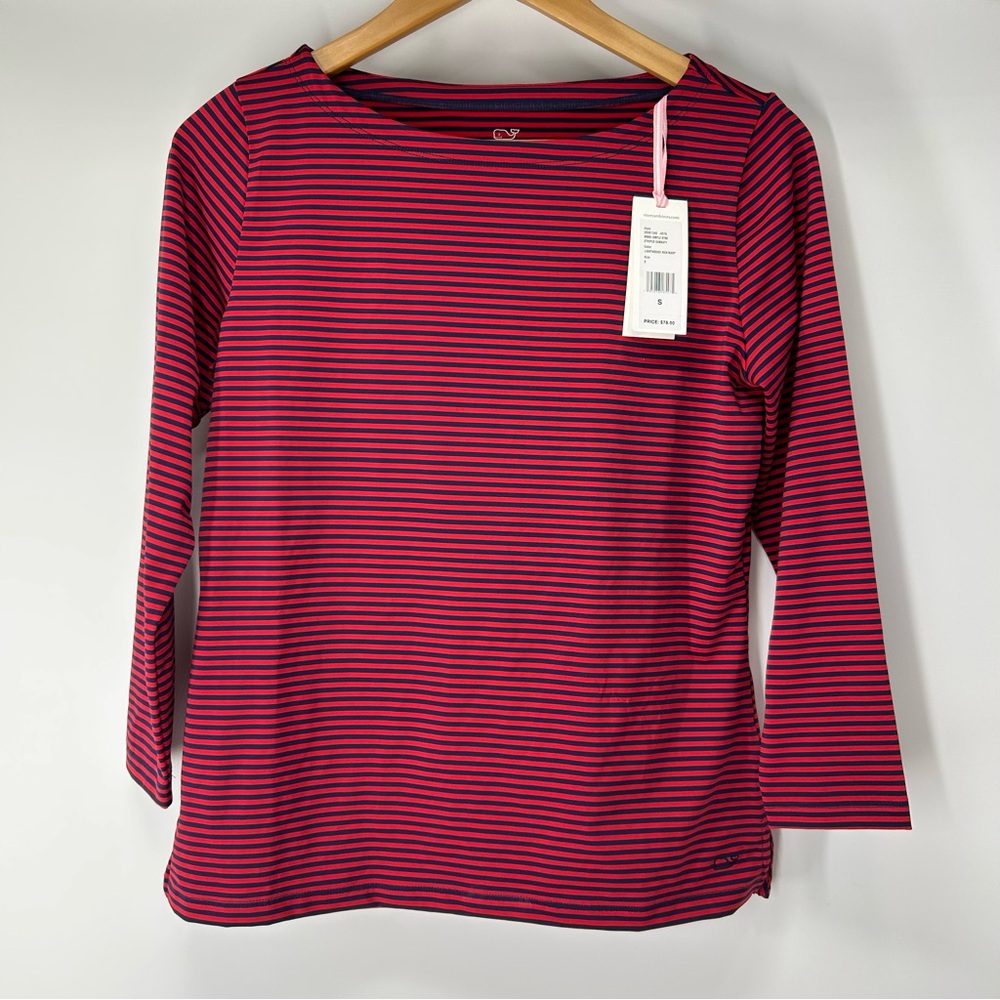 Vineyard Vines Women's Long Sleeve Red and Blue Striped Tee